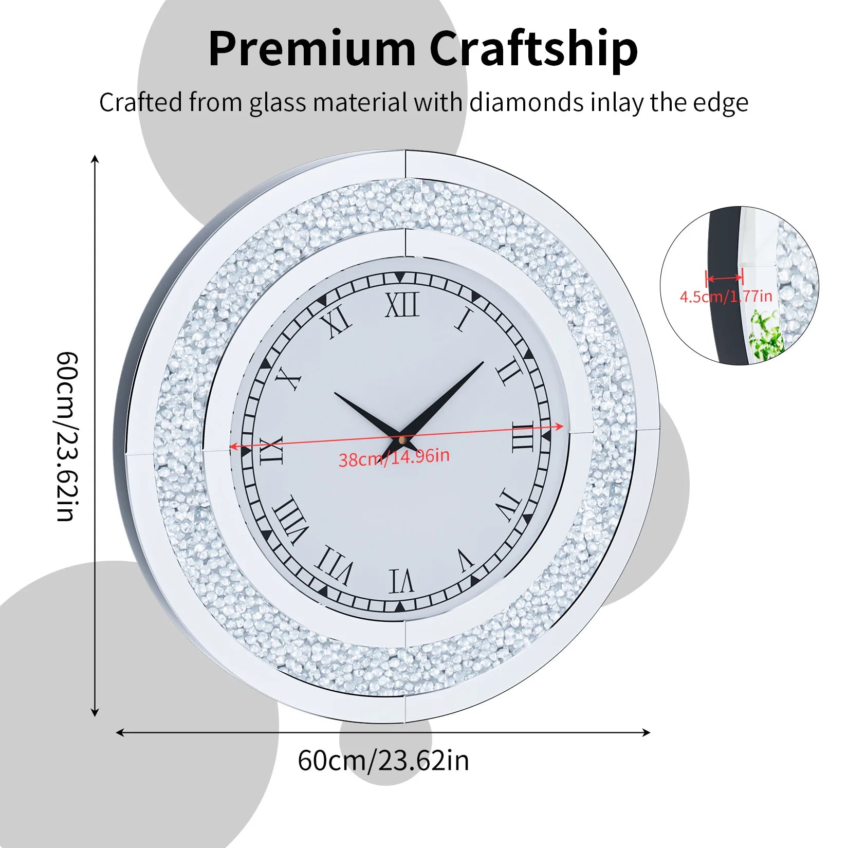 Bling Silver Round Mirror Clock Glam Sparkle Twinkle Shining