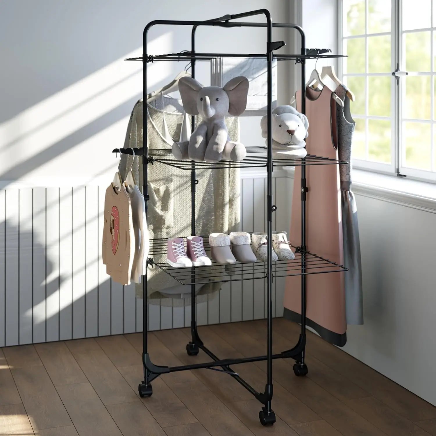 Clothes Drying Rack with Wheels and 4 Hooks Indoor-Outdoor Use