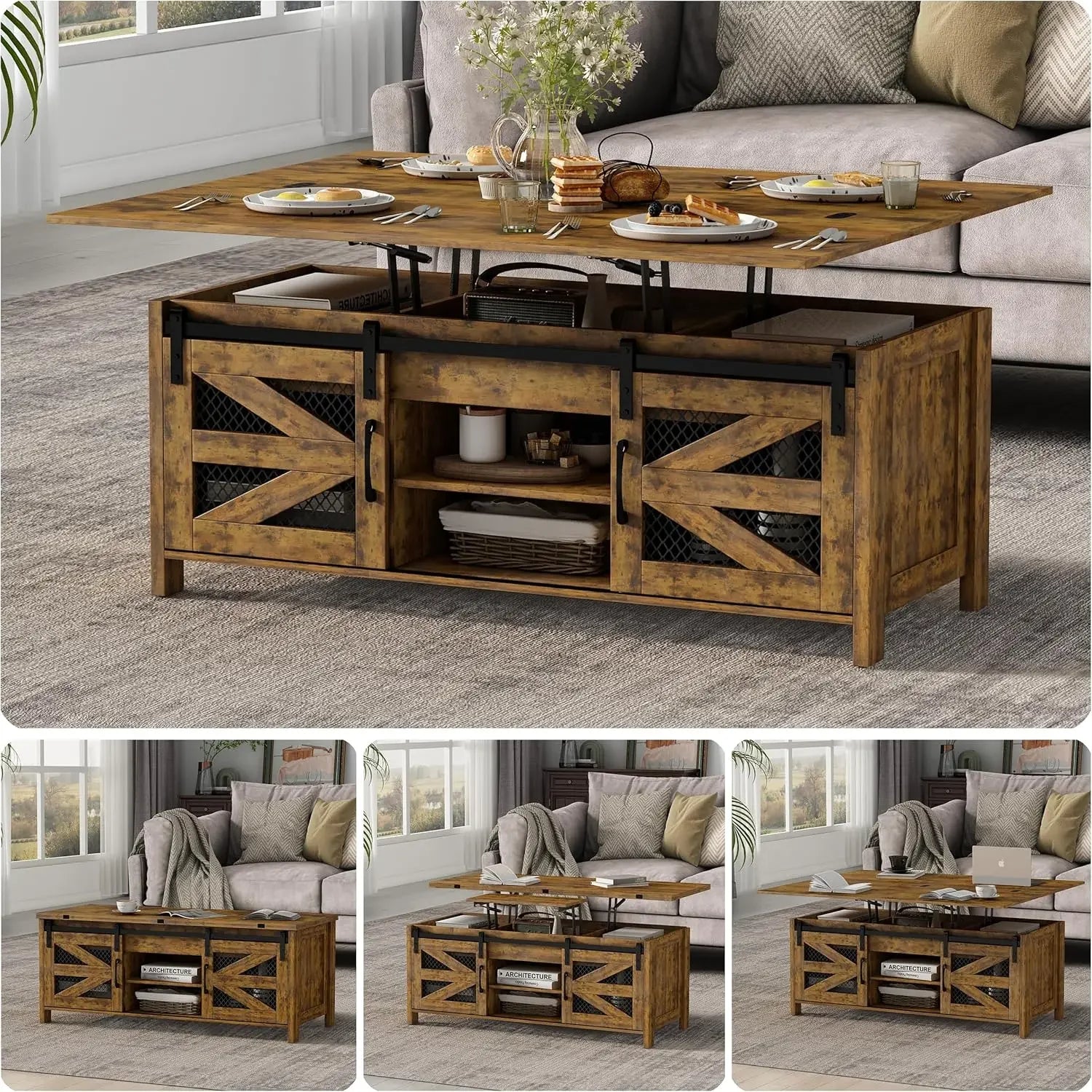 4 in 1 Farmhouse Coffee Table with Sliding Barn Doors