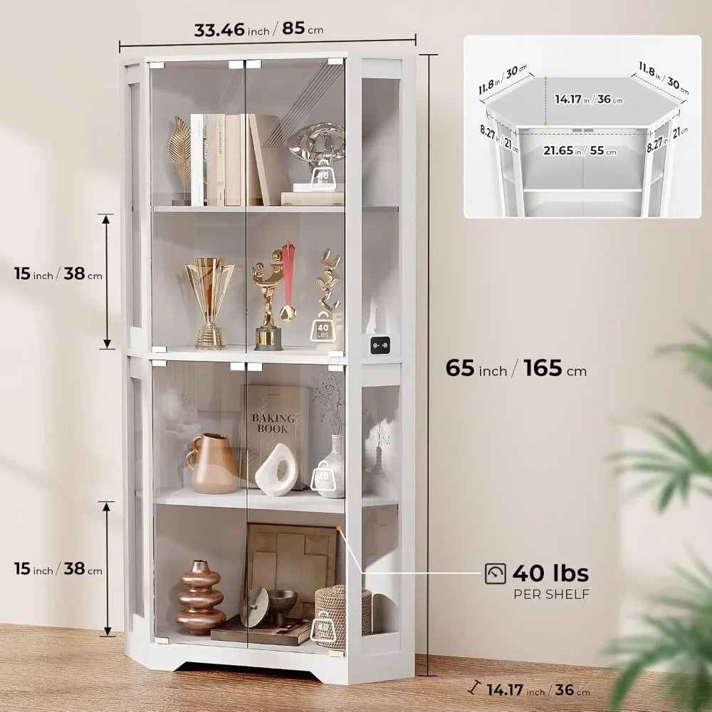 Corner Display Cabinet with Glass Doors, Lighted Curio for Collectibles,