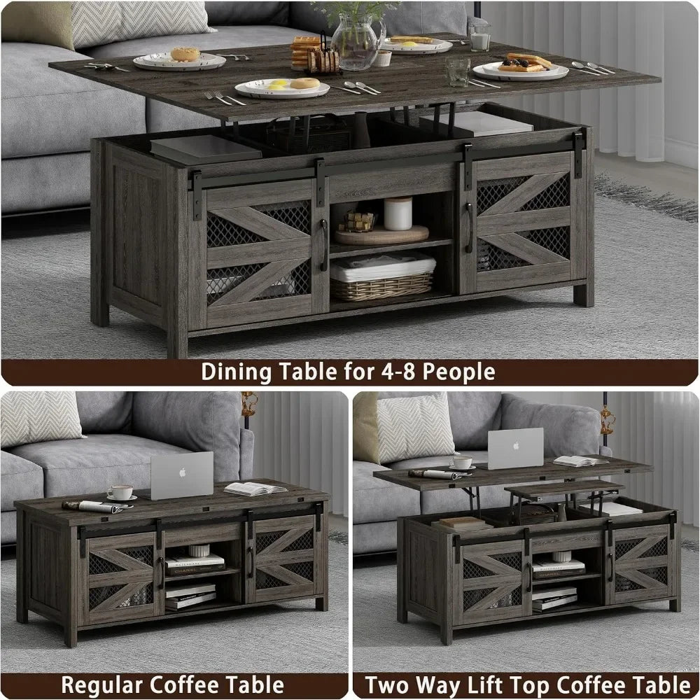 4 in 1 Farmhouse Coffee Table with Sliding Barn Doors