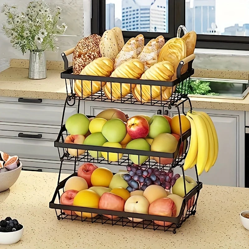 3-Tier countertop fruit basket with 2 banana hooks, removable metal device, wooden handle