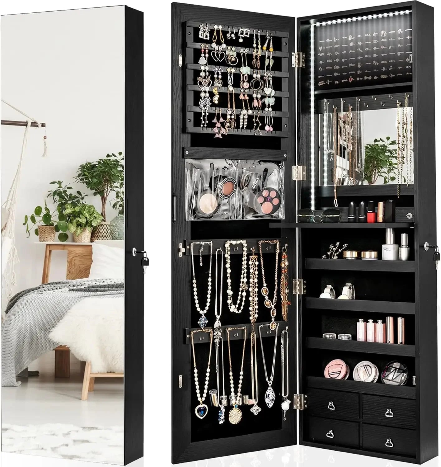 LED Strip Jewelry Armoire with 47.2" H Full Length Mirror