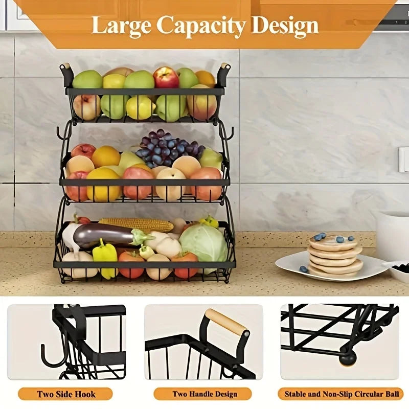 3-Tier countertop fruit basket with 2 banana hooks, removable metal device, wooden handle