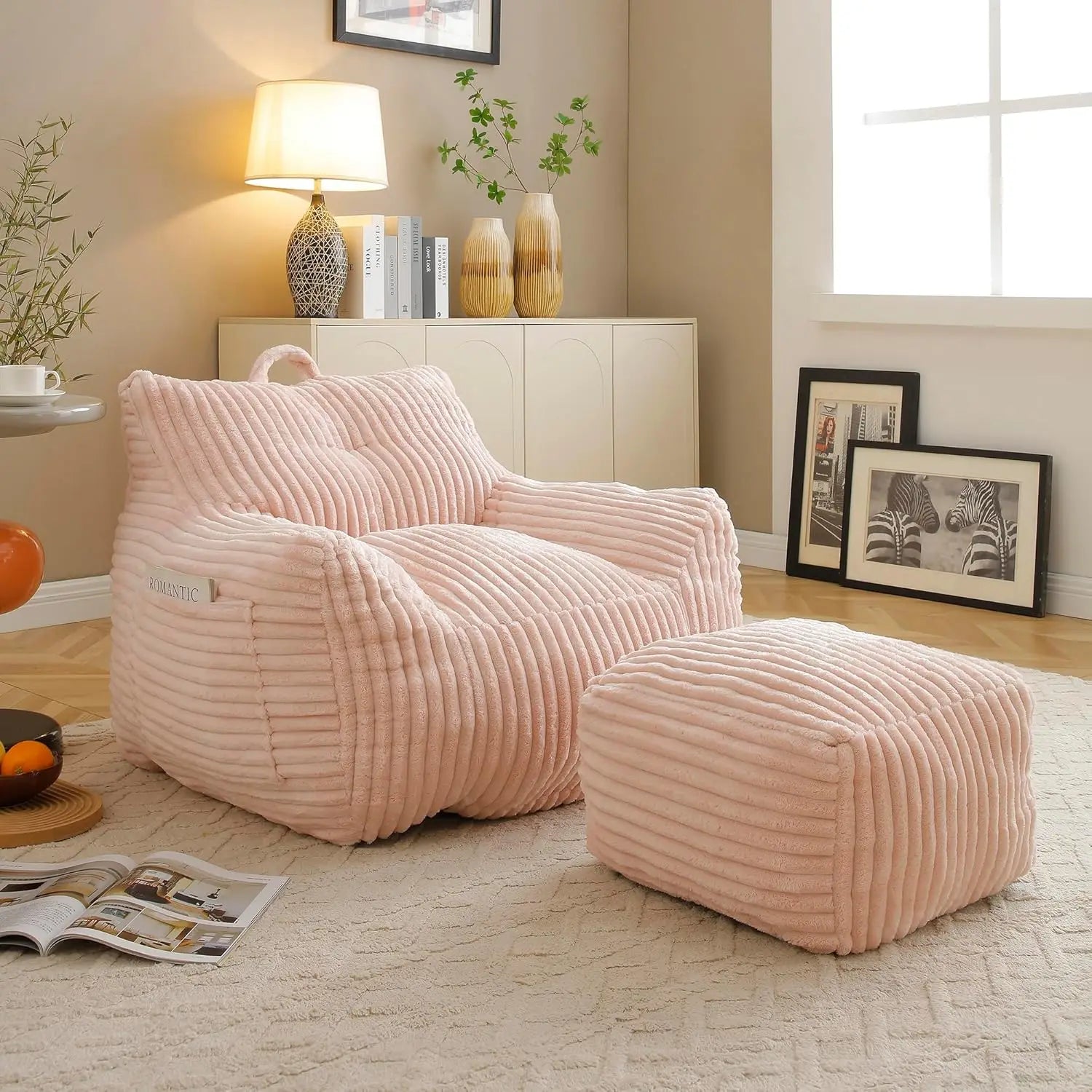 Corduroy Bean Bag Chair with Ottoman Comfy Floor Sofa for Reading