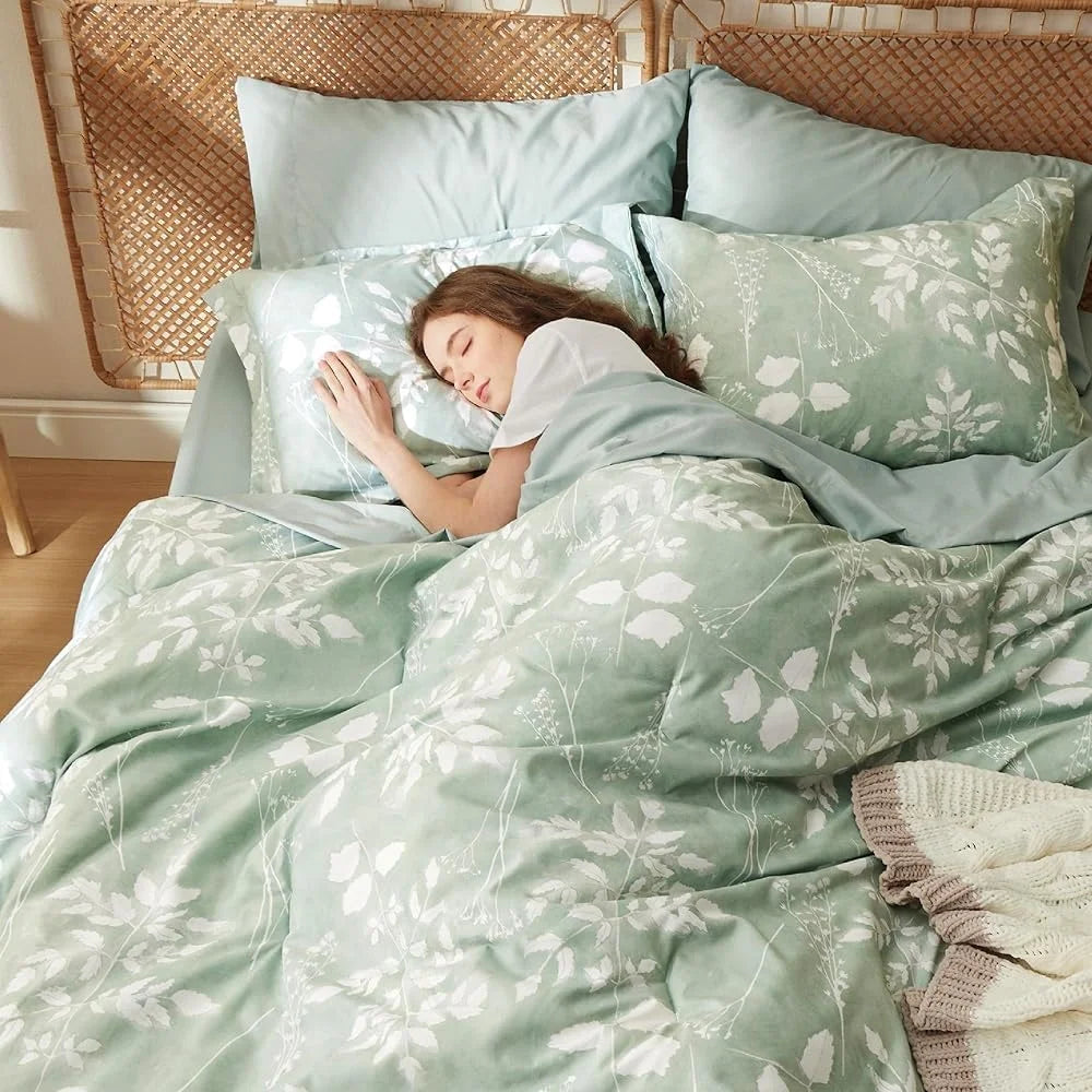 Queen Floral Comforter Set Botanical Flowers Pillows Fitted Flat Sheet Cozy Elegant