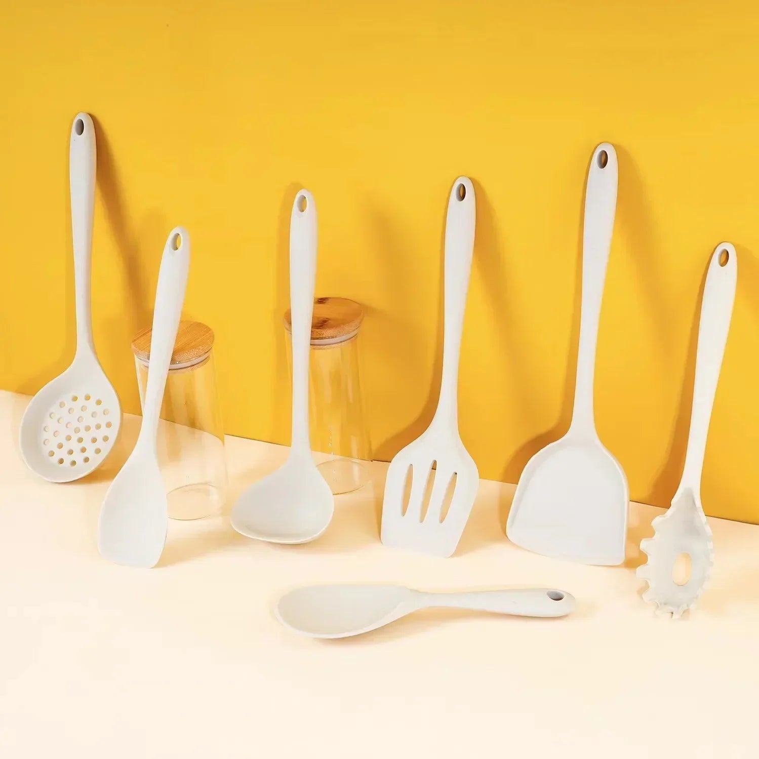 7Pcs Beige White Silicone Kitchenware Cooking Utensils