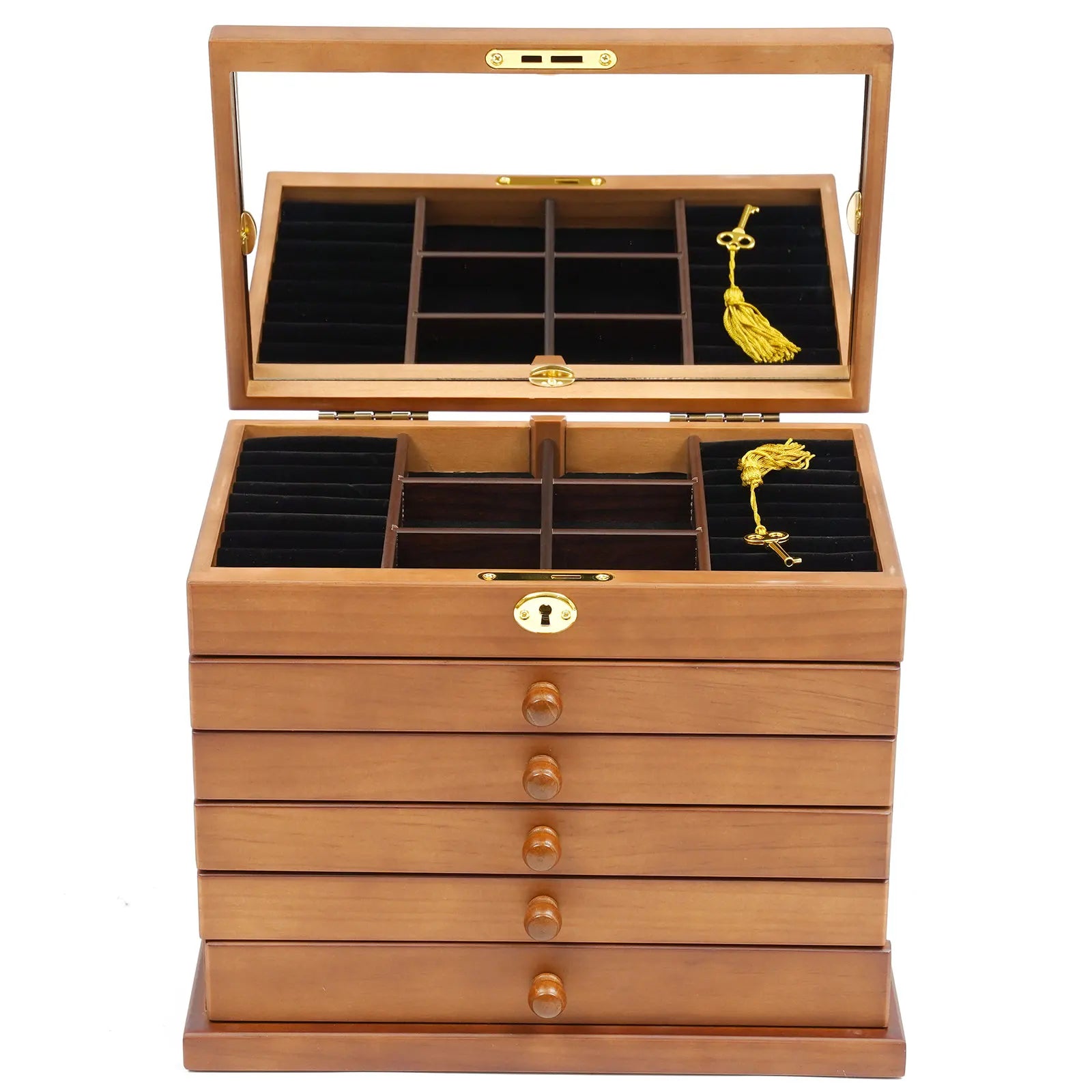 6 Tiers Wooden Jewelry Storage Box Organizer with Mirror and Lock