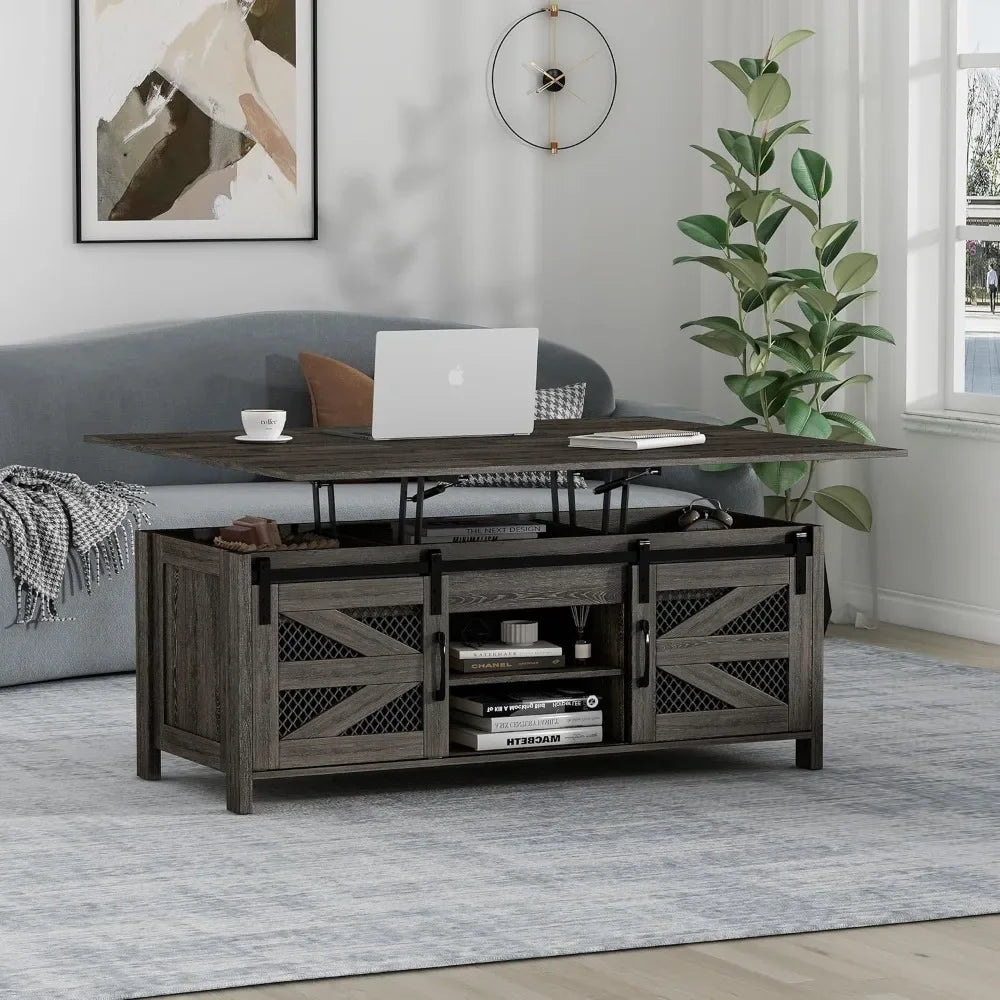 4 in 1 Farmhouse Coffee Table with Sliding Barn Doors