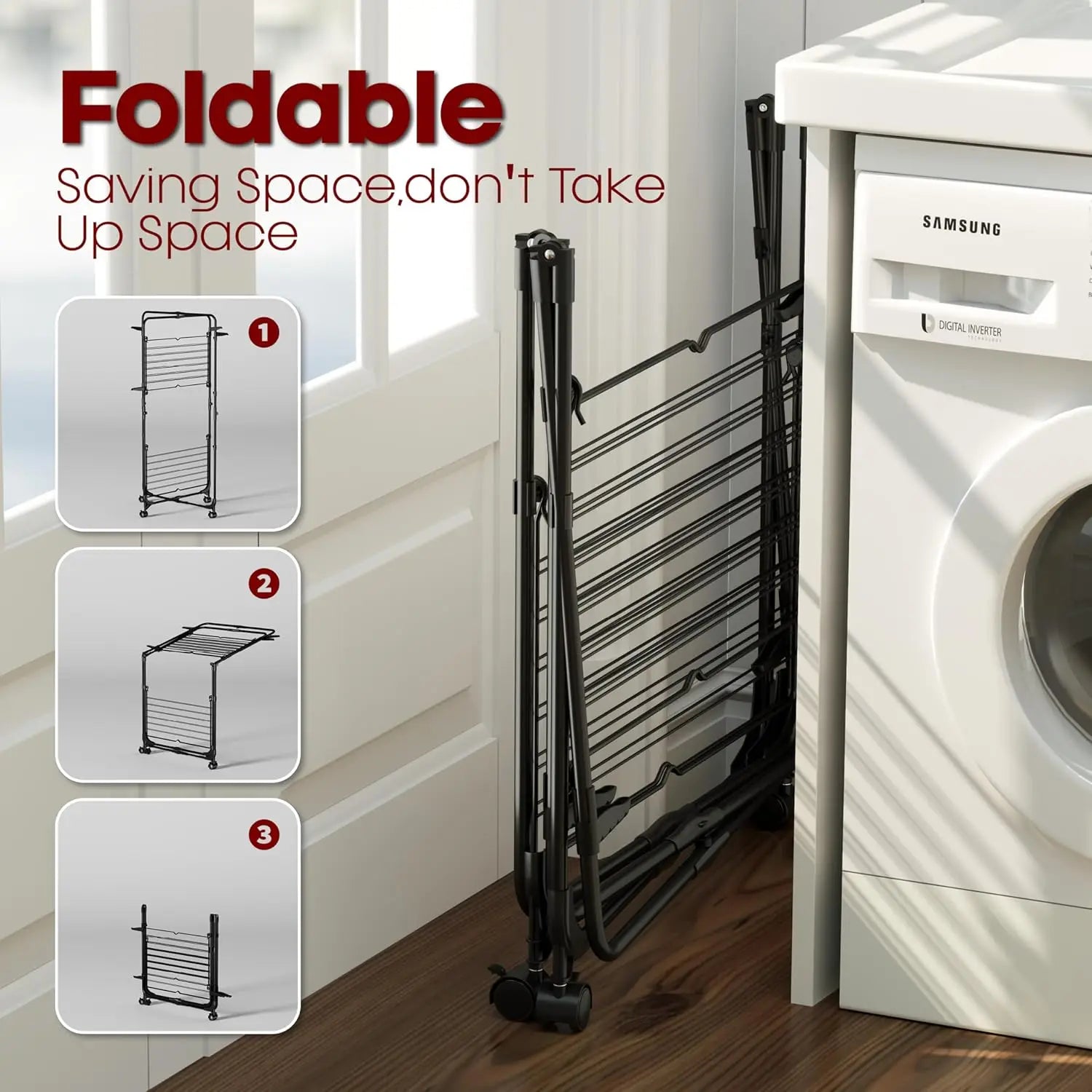 Clothes Drying Rack with Wheels and 4 Hooks Indoor-Outdoor Use